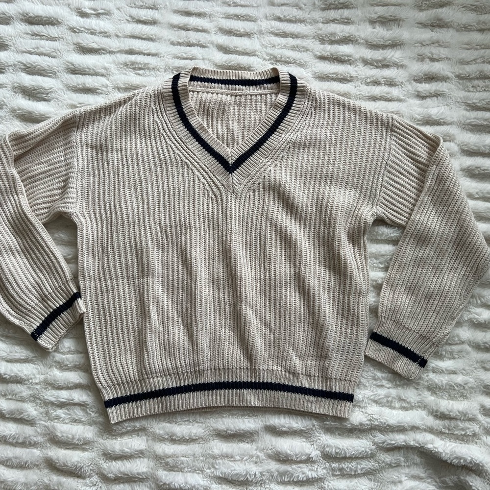 tan and navy stripe v neck sweater